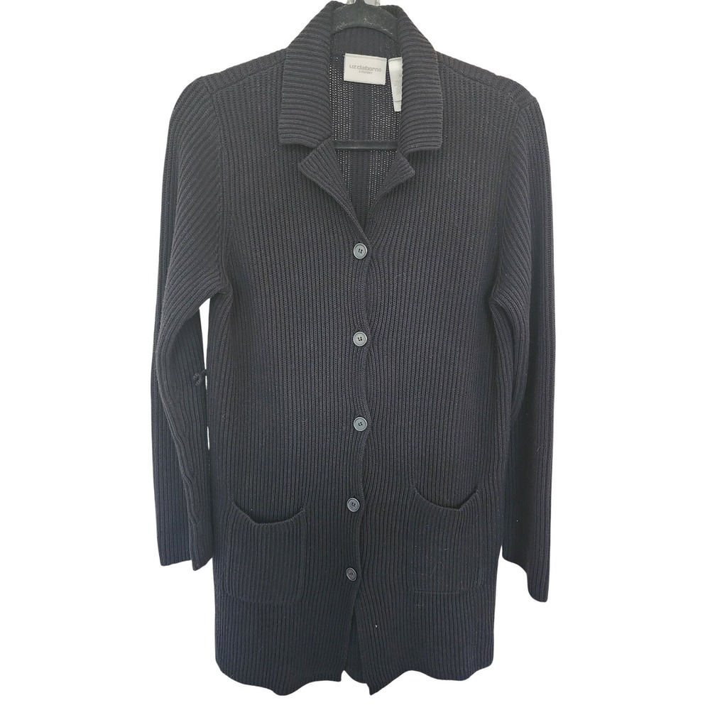Liz Claiborne Lizsport Black Ribbed 100% Cotton Cozy Cardigan Sweater M Longline